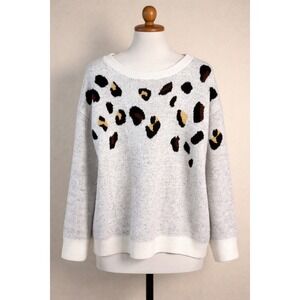 Naptics Women's Leopard Print Sweater Long Sleeve Crew Neck Gray